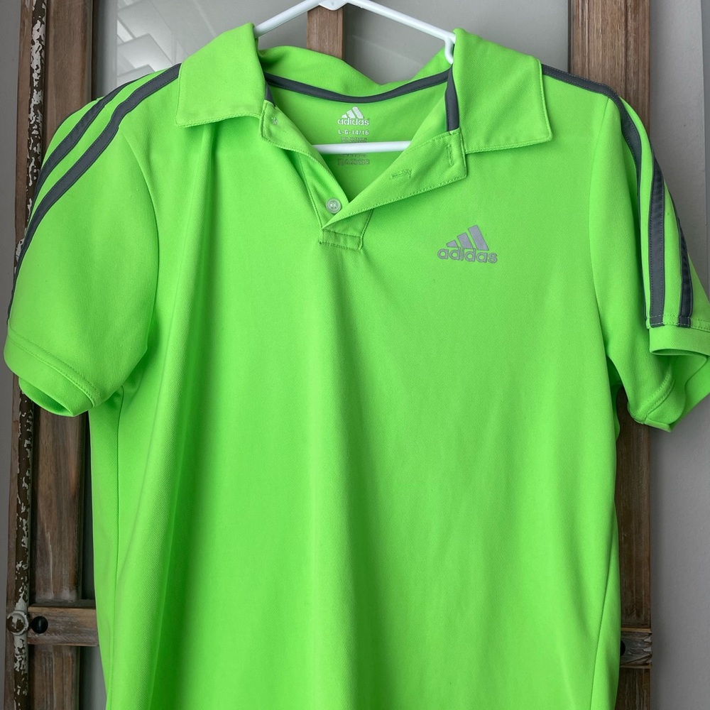 Boys Adidas green dri fit golf shirt